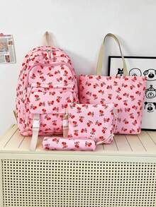 Dedoo 4pcs Backpack Tote Bag Storage Bag Pencil Case Set, All-Over Red Cherry Print, No Pendant Multi-Zipper Compartments, Suitable For Teenage Girls School Daily Summer Travel - Multicolor - View 2