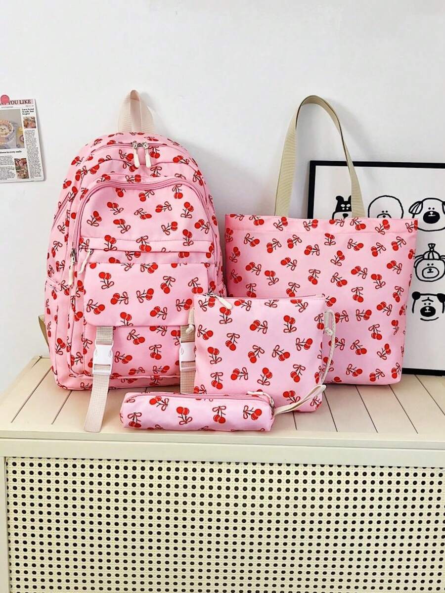 Dedoo 4pcs Backpack Tote Bag Storage Bag Pencil Case Set, All-Over Red Cherry Print, No Pendant Multi-Zipper Compartments, Suitable For Teenage Girls School Daily Summer Travel