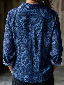 Vintage Paisley Flower & Paisley Print Women's Plus Size Long Sleeve Button-Down Blouse Vacation - Blue - View 2