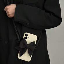 1PC Black Fabric Bow Back Clip Phone Case With Crossbody Strap Lanyard, Korean Style Minimalist Versatile Hands-Free Phone Holder - Multicolor - View 7