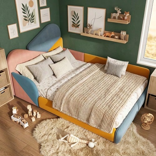 Kids' Upholstered Bed 140x200 Cm, Multicolor Single Bed With Raised Side Rails - Blue - View 1