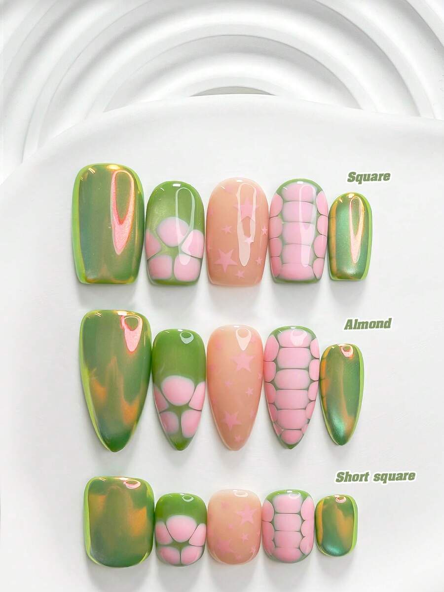 10片裝甜酷撞色風手工穿戴甲,Polygel美甲套組,星星設計,粉綠漸層極光風,含美甲工具,3種尺寸可選,方型、短方型、杏仁型,適合派對、舞蹈、日常配戴 - 彩色 - 查看 1