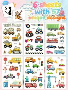 6 Lembar Stiker Tato Temporer Bercahaya dalam Gelap Bergambar Ekskavator & 57 Kendaraan Konstruksi, Set Tato Anak untuk Pesta Ulang Tahun, Hadiah Natal, Acara Liburan - MultiWarna - View 11