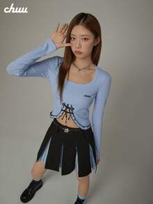 CHUU Letter Embroidered Long Sleeve T-Shirt Women Autumn Ruffle Trim Patchwork Cropped Tie Waist Top - Blue - View 3