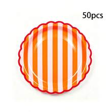 10/20/50pcs Orange Pink Wavy Edge Paper Plates (7/9 Inch); Orange Pink Striped With Magenta Wavy Edge Disposable Plates; Decorative Dessert Plates, Suitable For Weddings, Birthday Parties, Halloween And Thanksgiving - Orange and Pink Stripes - View 10