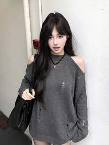 Sweater Rajut Wanita Korea Y2K Musim Gugur/Dingin Minimalis Seksi Satu Bahu Hollow Out Distressed Off Shoulder Manis Lucu Longgar Melangsingkan Pelindung Matahari Kardigan Wanita - Grey - View 2