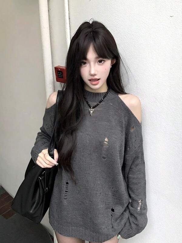 Sweater Rajut Wanita Musim Gugur/Dingin, Model Bahu Terbuka, Potongan Longgar, Pelindung Matahari, dan Desain Slimfit untuk Anak-Anak