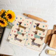 2pcs Dachshund Heart Theme Series Illustration Pattern Kitchen Towels, Rectangular Microfiber Kitchen Towels, Dish Cloths, Cleaning Cloths, Hand Towels, Cooking Baking Tea Towels, Kitchen Decor, Housewarming Gift, Birthday Gift, Bathroom Cleaning Wipes, Decorative Towels - Beige - View 7