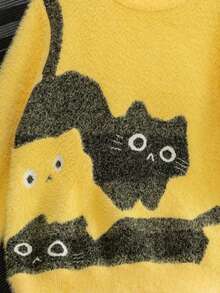 Girls Cute Cat Pattern Faux Mink Fur Knit Pullover Sweater Suitable For Daily Casual Wear Spring Autumn Winter - Yellow - View 5