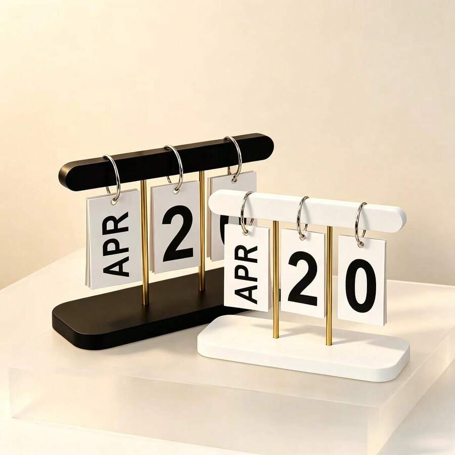 1pc Minimalist Style PS Material Flip Permanent Calendar, Reusable Month & Date Desk Calendar, Nordic Style Desktop Date Display Stand With Gold Metal Rod, Suitable For Home Office Study Shelf, Birthday Gift - Party Favor - Holiday Gift - Multicolor - View 1