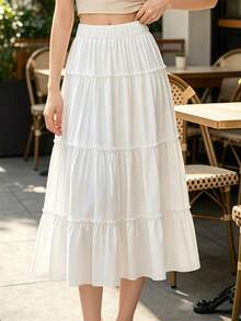 1PC Versatile Soft Mid-Calf A-Line Loose Fit Skirt, Flattering For All Leg Types White - White - View 1