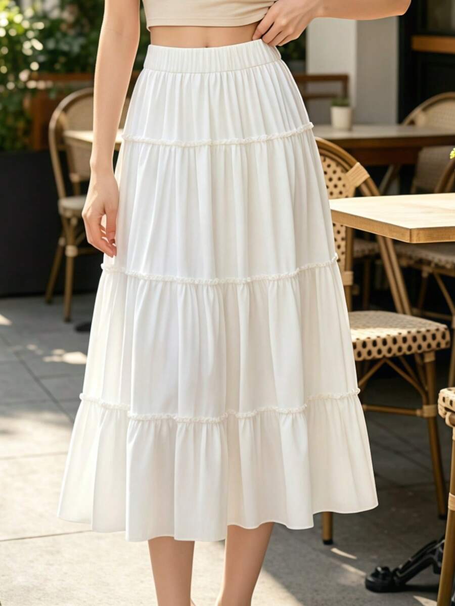 1PC Versatile Soft Mid-Calf A-Line Loose Fit Skirt, Flattering For All Leg Types White - White - View 1