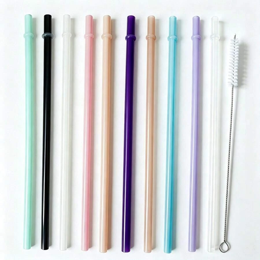 10入可重複使用透明或多色塑膠吸管附刷子，長9.45英吋/24cm，適用20盎司與30盎司杯子、玻璃罐等