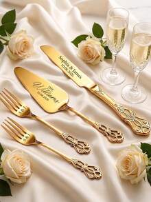 Custom-Designed Vintage Cake Cutting Set, Engraved Stainless Steel Cake Server (Gift Box), Personalized "Mr & Mrs" Cake Fork Set, Unique Wedding Gift - Multicolor - View 5