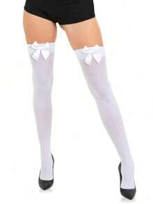 Women Velvet Long Thigh High Stockings Adorned With White Bows, Tear Resistant Anti-Snag Over-The-Knee Socks For Cosplay Daily Outfit Matching - 1pair - View 2