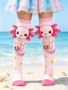 1 Pair Cute 3D Salamander Knee-High Socks For Kids, Fun Cartoon Long Socks, Girls Back To School Autumn, Halloween, Thanksgiving, Christmas Children's Gift - Multicolor - View 6