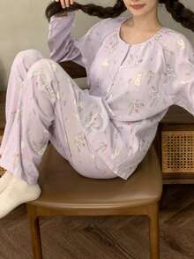2pcs/Set Women's Pajamas Spring Autumn Long Sleeve Long Pants Sleepwear Skin-Friendly Home Wear Cute Cat Print Button-Up Set - Lilac Purple - View 6