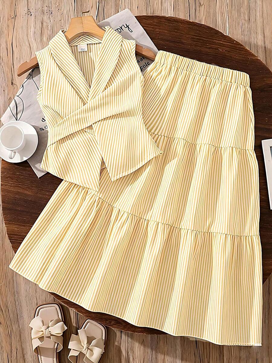Left Mama Girls' Elegant Bow Decor Striped Sleeveless Top And Skirt Set, Suitable For Commute And School Style - Yellow - View 1