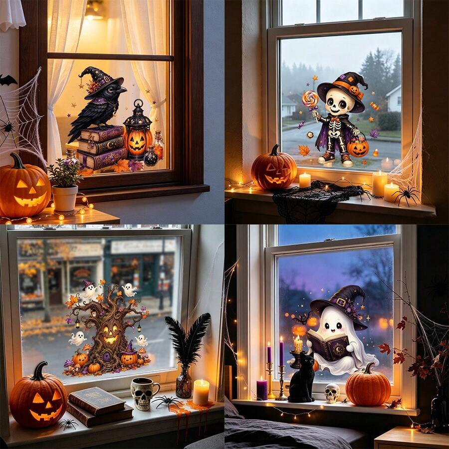 1pc Cute Halloween Static Window Cling, Witch Crow, Candy Skull, Spooky Ghost Tree, Reading Wizard Ghost Design, Removable Waterproof Sticker, Suitable For Front Door, Bedroom, Living Room, Autumn Thanksgiving Holiday Party Decoration