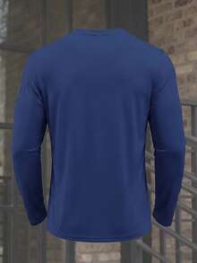 Men's Muscle Fit Royal Blue Long Sleeve Crew Neck All-Match T-Shirt, Minimalist Sporty Street Style, Versatile Solid Color Top - Navy Blue - View 5