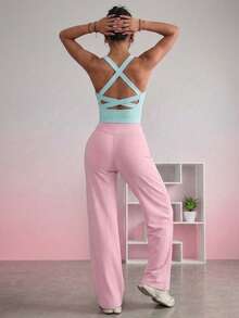 2pcs Women's Yoga Set, Criss-Cross Back Tank Top & High Waist Wide Leg Pants, Tummy Control Fitness Loungewear - Multicolor - View 3