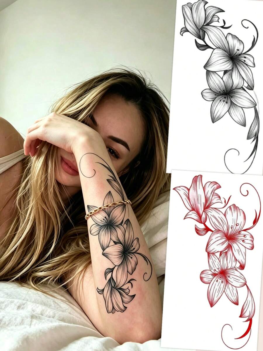 2pcs Lily Temporary Tattoo Sticker Set, Black & Gray And Red Gradient Sketch Floral Vine Body Tattoos, Waterproof Long-Lasting Large Size Arm & Shoulder Tattoos, Suitable For Women, Holiday, Halloween Party, Cosplay - Multicolor - View 1