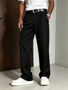 Men's Autumn/Winter Casual Dress Pants, Fashionable Minimalist Draped Straight Leg Long Trousers - Black - View 1