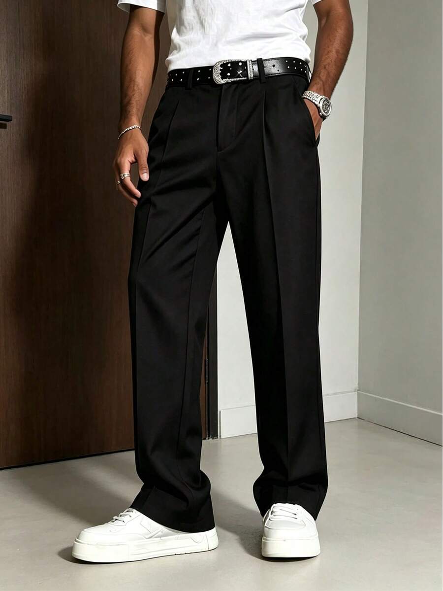 Men's Autumn/Winter Casual Dress Pants, Fashionable Minimalist Draped Straight Leg Long Trousers - Black - View 1