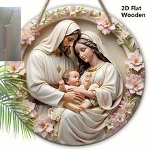 2D Flat Christmas Scene Pink Wooden Hanging Plaque - Pink Wreath Jesus Round Door Decor, Ideal Christmas Decoration For Front Door And Wall, Pre-Drilled Holes, Style As Shown In Size Chart - Multicolor - View 3