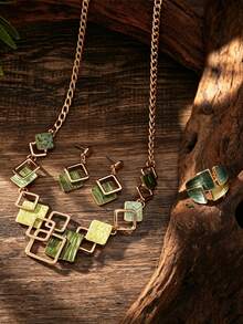 Cring Coco 4Pcs Gradient Green Enamel Square Geometric Jewelry Set, Linked Statement Necklace Dangle Earrings Adjustable Open Ring, Women Costume Accessories - Geometry 1 - View 1