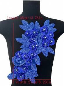 BNH1463 熱銷珠飾與水鑽裝飾 DIY 手作手工藝材料，新款 3D 花卉蕾絲飾邊布料含亮片，家居紡織服飾配件 - 寬度：21cm - 寶藍色 - 查看 10