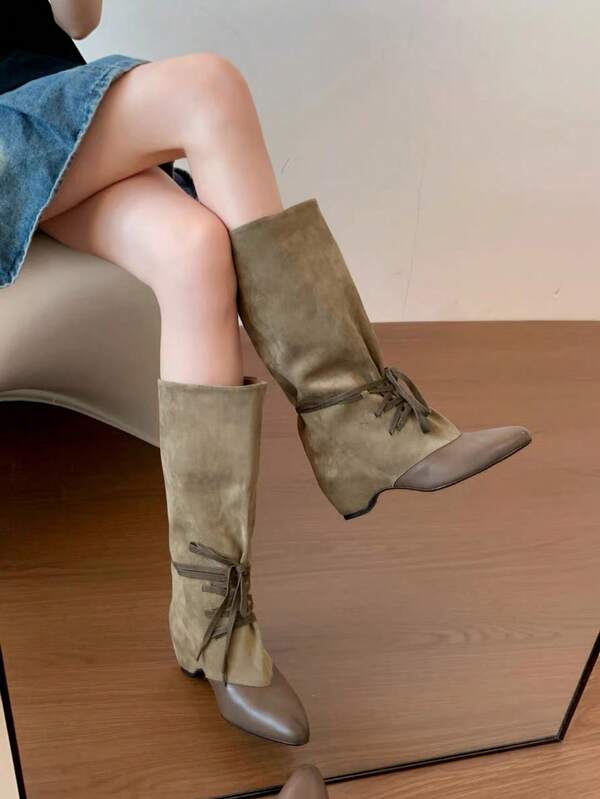 Vintage Relaxed Pointed Toe Lace-Up Slouch Boots For Women 2026 Autumn New Fashion Versatile Western Cowboy Boots Chunky Heel Slimming Knight Boots Wide Shaft Fashion High-End Personalized Slimming Ruched Leg Boots