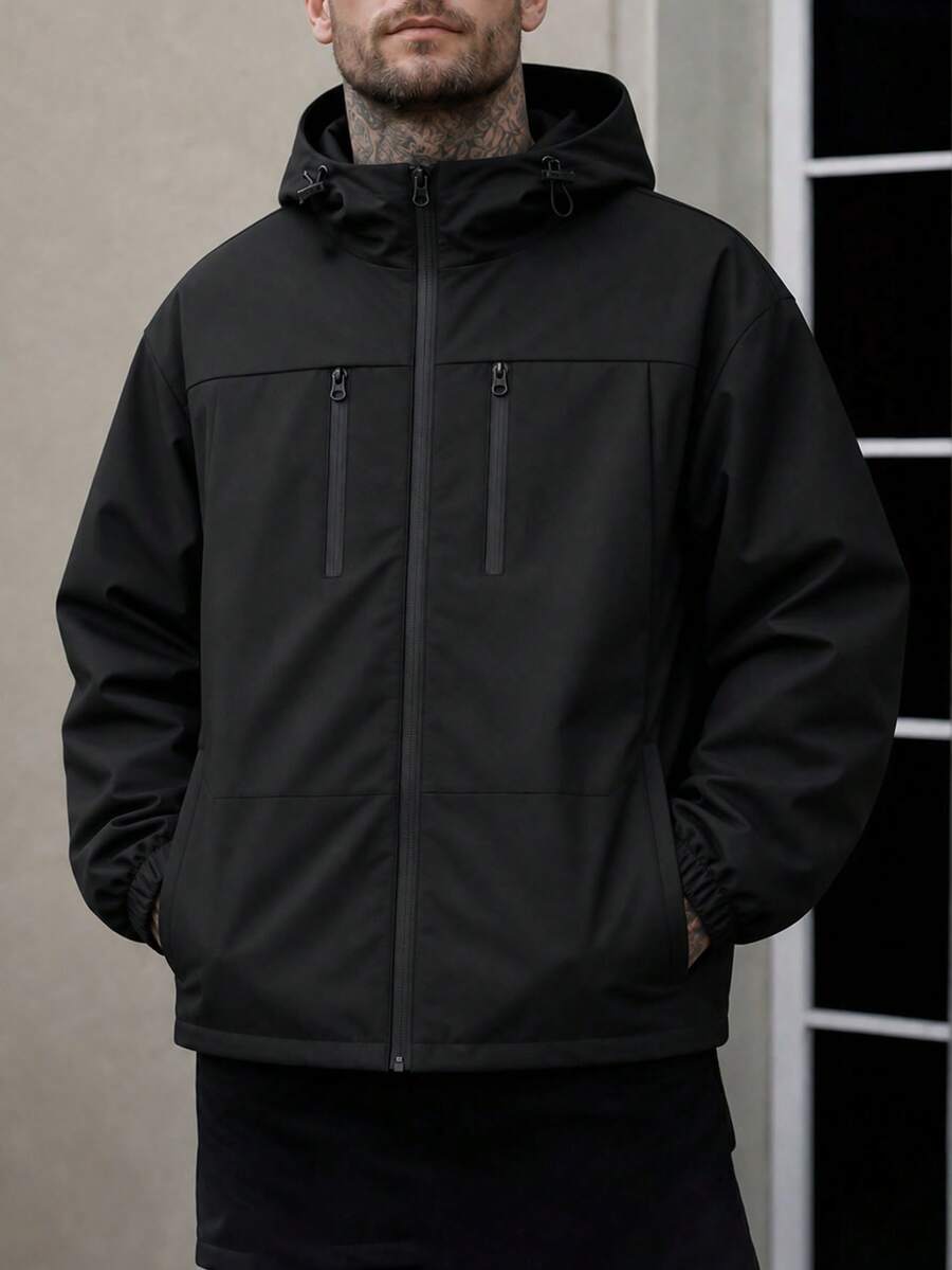 1pc Men's Black Hooded Jacket, Suitable For Casual And Work Wear - Black - View 1