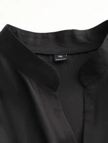Blus Chiffon Hitam Kerah Tegak Sedikit Transparan Gaya Dewasa Elegan Ukuran Plus untuk Wanita dengan Desain Lengan Tengah Berkerut Elastis, Cocok untuk Perjalanan Sehari-hari dan Kencan. - Hitam - View 4
