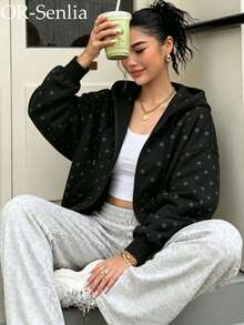 Vintage Autumn/Winter Polka Dot Women's Sports Sweatshirt Jacket, Autumn/Winter Essential Thermal Fabric With Pockets Fall - Multicolor - View 7