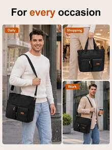 NEWHEY Men's Canvas Tote Bag, Large Capacity Multi-Compartment Design, Waterproof And Wear-Resistant, Fits 12.9 Inch Tablet, Reinforced Handle + Adjustable Crossbody Shoulder Strap, Suitable For Office Commute And Campus School - Multicolor - View 2
