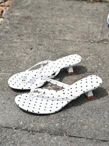女款白色波點細肩帶T字帶穆勒鞋，一腳蹬露趾高跟夾腳涼鞋，復古夏季度假風，適合活動、宴會、婚禮、約會、度假與旅行 - 白色 - 查看 16