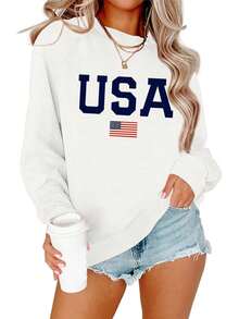 Dressmine Womens USA Shirt Casual Long Sleeve Graphic Tees Knit Crew Neck Sweatshirts Loose PulloverDaily Casual Round Neck  Sleeve-Shirt - White - View 1