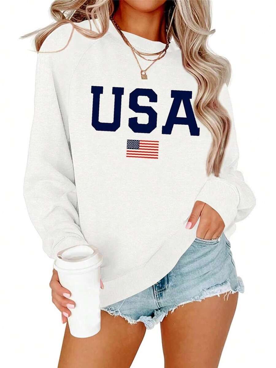 Dressmine Womens USA Shirt Casual Long Sleeve Graphic Tees Knit Crew Neck Sweatshirts Loose PulloverDaily Casual Round Neck  Sleeve-Shirt - White - View 1