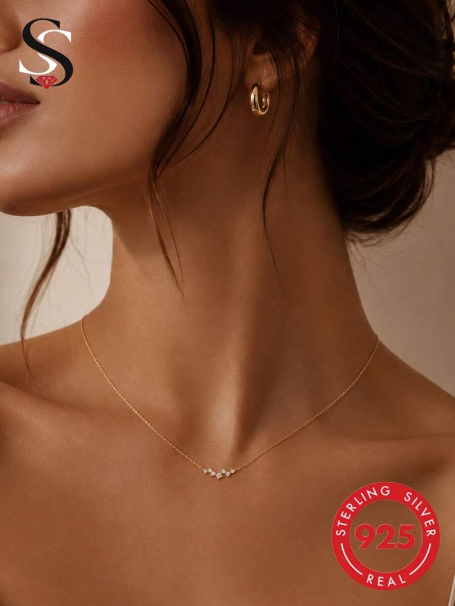 1pc Gemstone Zirconia S925 Sterling Silver Necklace Women's Engagement Gift Exquisite Necklace - Yellow Gold - View 1