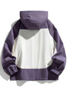Men's Colorblock Hooded Jacket With Multiple Zipper Pockets, Casual Outdoor Style For Spring And Autumn, Suitable For Daily Wear And Commuting - Purple - View 3