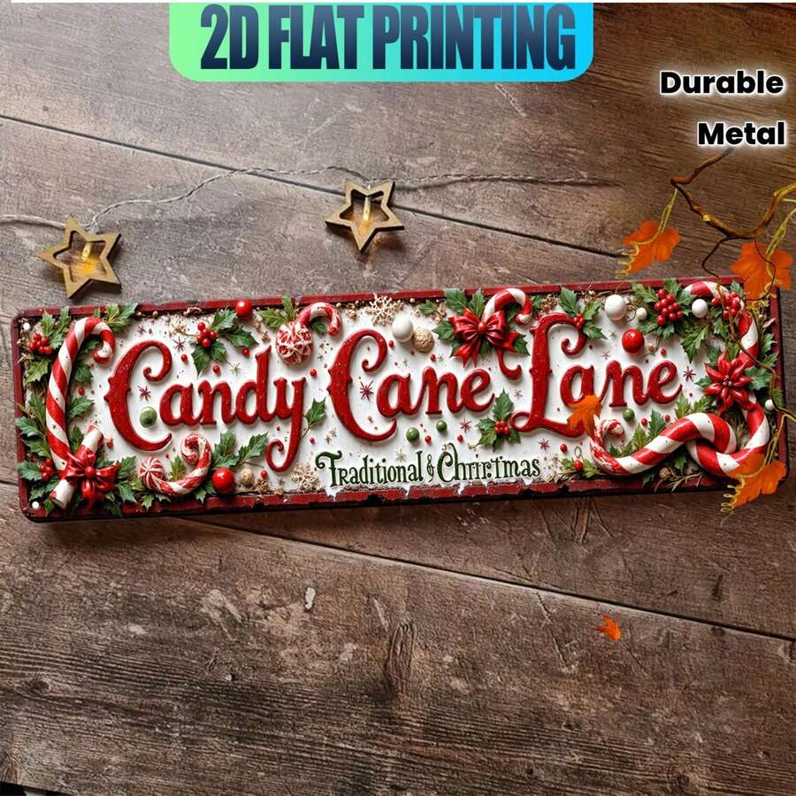 2D Flat Style, 1pc Vintage Candy Cane Lane Sign With Candy Cane And Holly Decor, Suitable For Indoor/Outdoor Christmas Decoration, Pre-Drilled Holes As Shown In Size Chart - Multicolor - View 1