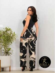DUNA Fabric Pants With Lining, Pocket And Elastic Waist - 黑色/淺米色抽像印花 - 查看 2