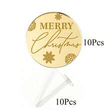 10Pcs/20Pcs/60Pcs/Set Gold Mirror Acrylic Christmas Cupcake Toppers Merry Christmas Round Cake Disc Tags Xmas Holiday Dessert Decorations - Multicolor - View 10