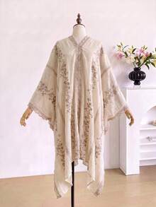 1件優雅花卉刺繡開襟女款和服披肩，沙龍裙，春夏波希米亞風外套，海灘度假防曬，裝飾刺繡開襟衫，適合日常穿著，禮品首選 - 米色 - 查看 4