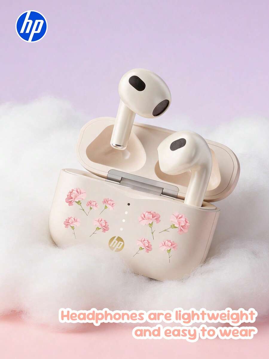 HP - Earphone Nirkabel Semi-In-Ear Bluetooth 6.0 dengan Pengisian Daya Type-C, Peredam Kebisingan untuk Panggilan, Desain Ringkas & Nyaman, Cocok untuk Olahraga & Kebugaran, Kompatibel dengan Smartphone/Tablet/Laptop, Motif Bunga untuk Musim Panas