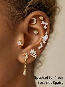 8pcs Fashion Minimalist Star & Moon Cubic Zirconia Stud Earrings Set For Women, Suitable For Outdoor Travel, Daily Street Wear, Hot Girl Style And Other Occasions - 8 Pieces - View 3