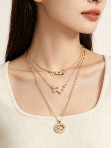 3pcs Stackable Zodiac Symbol Pendant Collarbone Chain Necklace Set, Birthday Gift For Women, Gold Plated Necklace Set - Yellow Gold - View 3