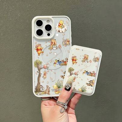 Miniso Winnie The Pooh All Characters Forest Magnetic Phone Case + Matching Pattern White Leather Magnetic Card Holder, Compatible With IPhone 17 Pro Max / 16 Plus / 15 / 14 / 13 / 12 / 11 / Xs Max,Galaxy S26,S25 Ultra,S24 Plus,S23FE,Galaxy S22 Series Models, Transparent Shockproof Design, Card Holder Also Works As A Wallet Accessory, Holds 1 To 2 Cards, Case Features A Lanyard Hole, Samsung Phone Case