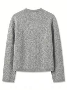 Women's Chinese Style Round Neck Single-Breasted Button-Up Long Sleeve Minimalist Commuter Loose Basic Solid Color Thick Warm Cardigan Sweater, Versatile For Autumn/Winter - Grey - View 8